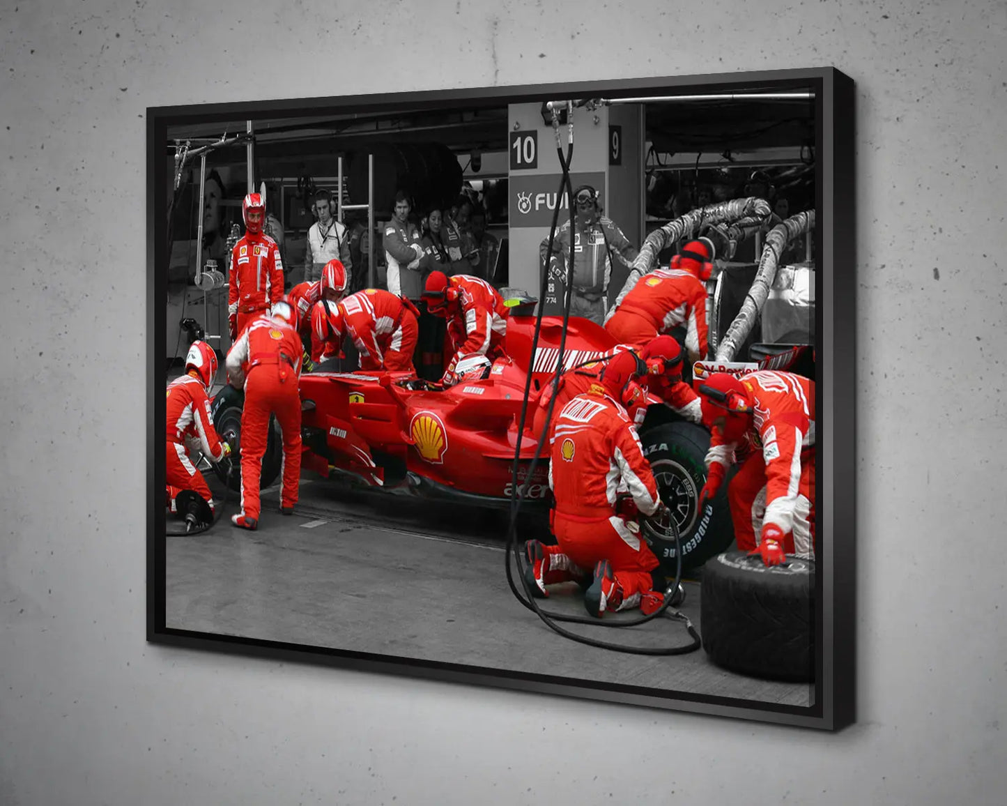 Ferrari F1 Pit Stop Black & White Floating Canvas Print | F1 Wall Art