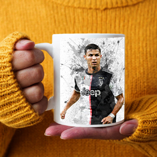 Taza y posavasos con efecto salpicadura de Cristiano Ronaldo