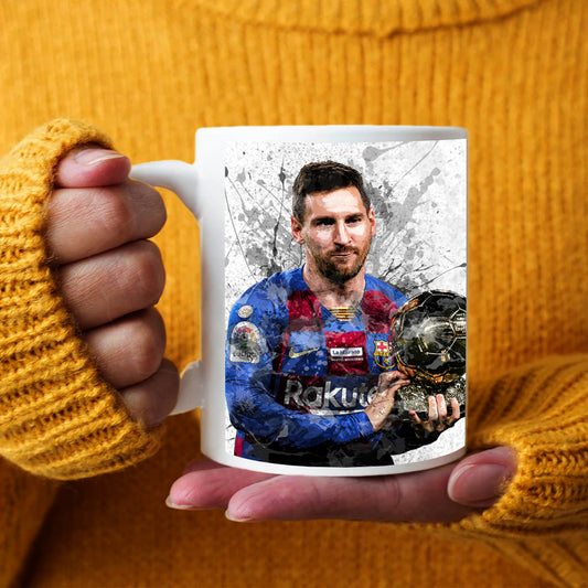 Taza y posavasos con efecto salpicado de Lionel Messi