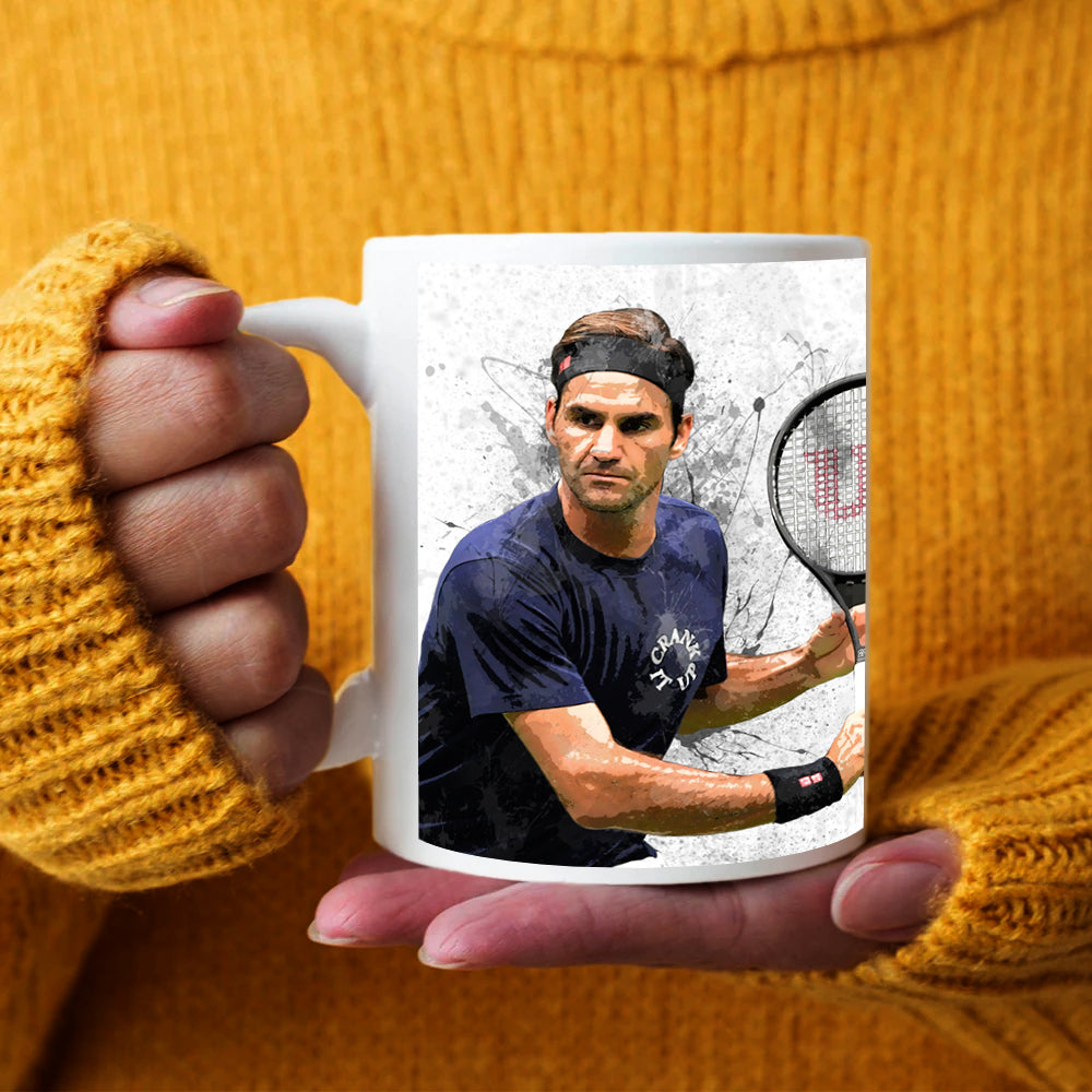 Taza y posavasos con efecto salpicado de Roger Federer, juego de taza y posavasos, taza deportiva impresa, regalo para fanáticos, regalo para él/ella