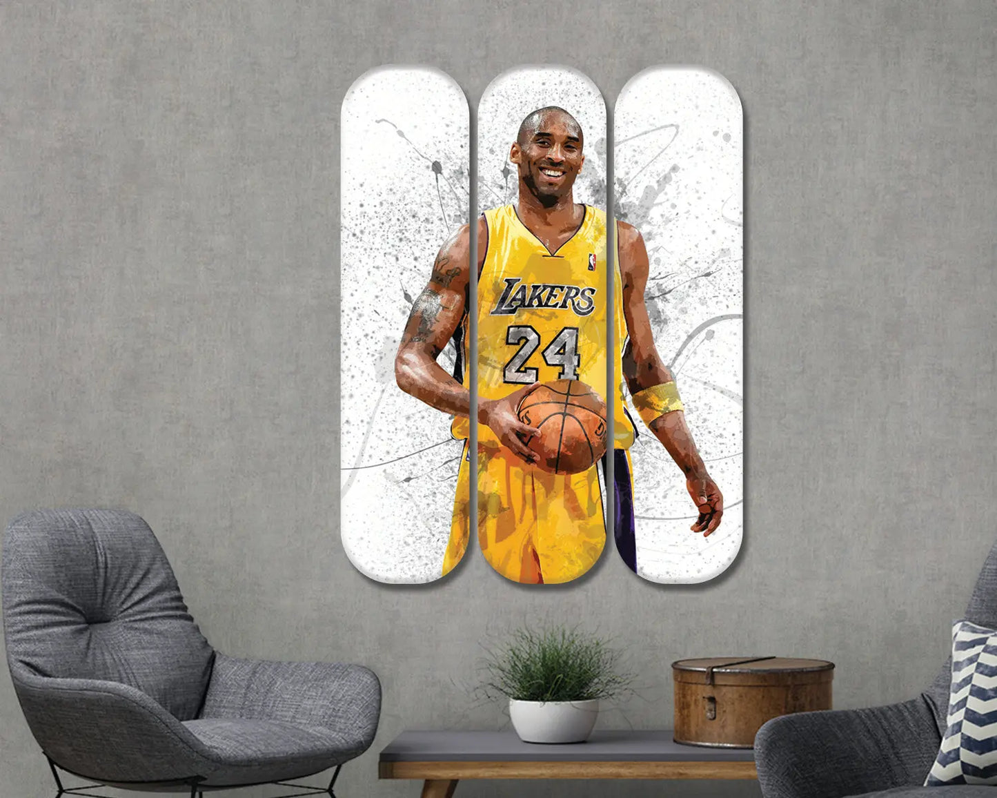 Arte mural de acrílico con la imagen de una patineta de Kobe Bryant