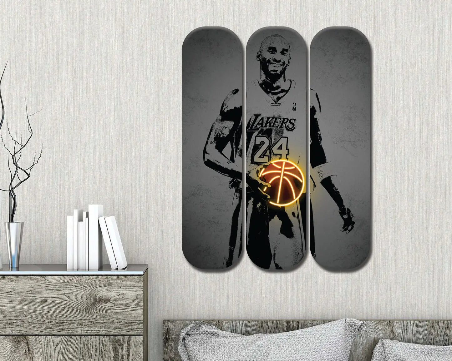 Arte mural de acrílico con la imagen de una patineta de Kobe Bryant