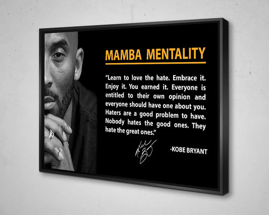 Kobe Bryant "Mamba Mentality" Quote Wall Art | Black & White Floating Canvas Print