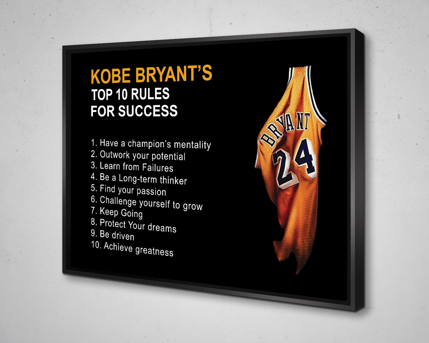 Lienzo con citas motivadoras de mentalidad de Mamba con las 10 reglas de Kobe Bryant, arte de pared, lienzo de baloncesto, marco para decoración del hogar, listo para colgar