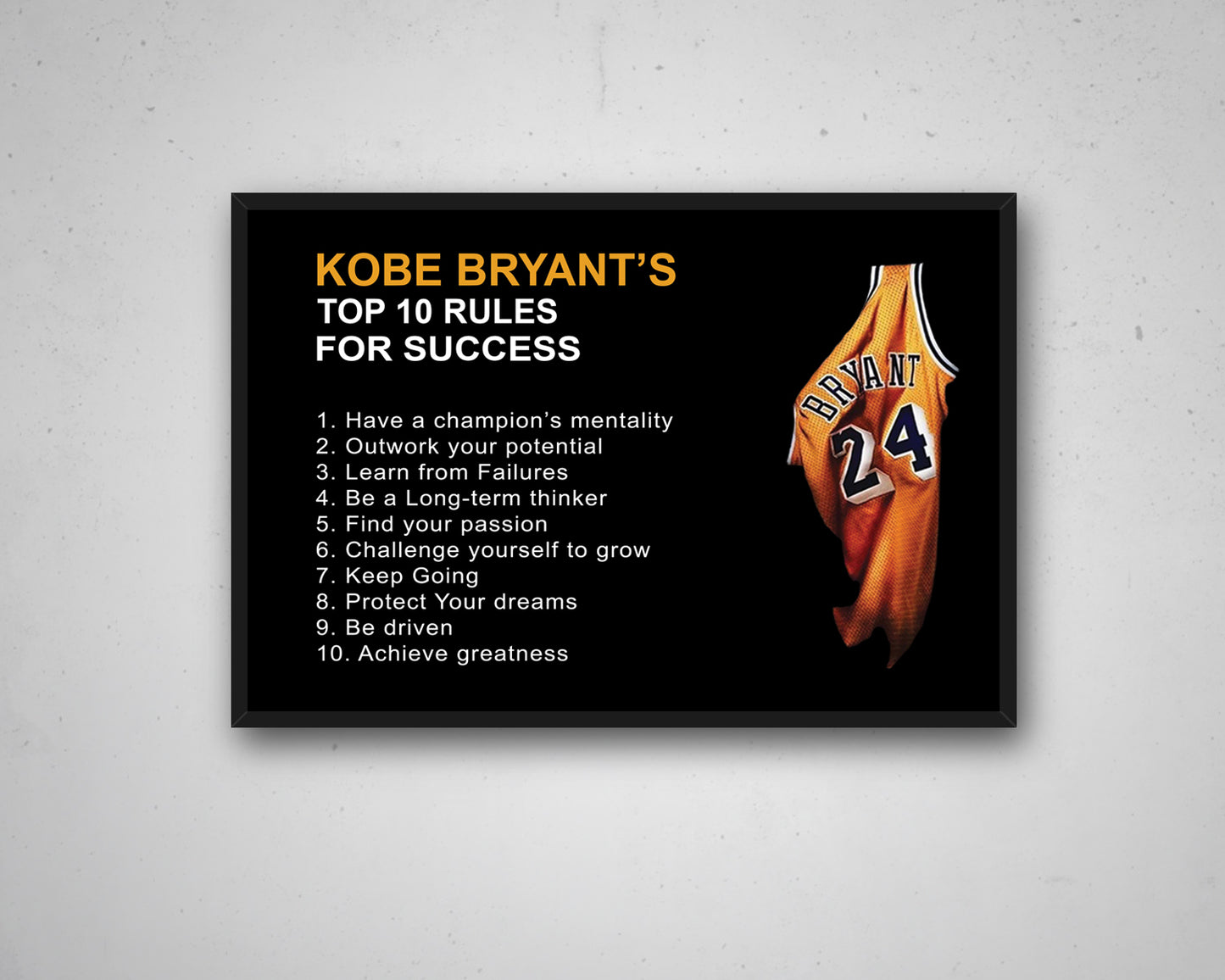 Lienzo con citas motivadoras de mentalidad de Mamba con las 10 reglas de Kobe Bryant, arte de pared, lienzo de baloncesto, marco para decoración del hogar, listo para colgar