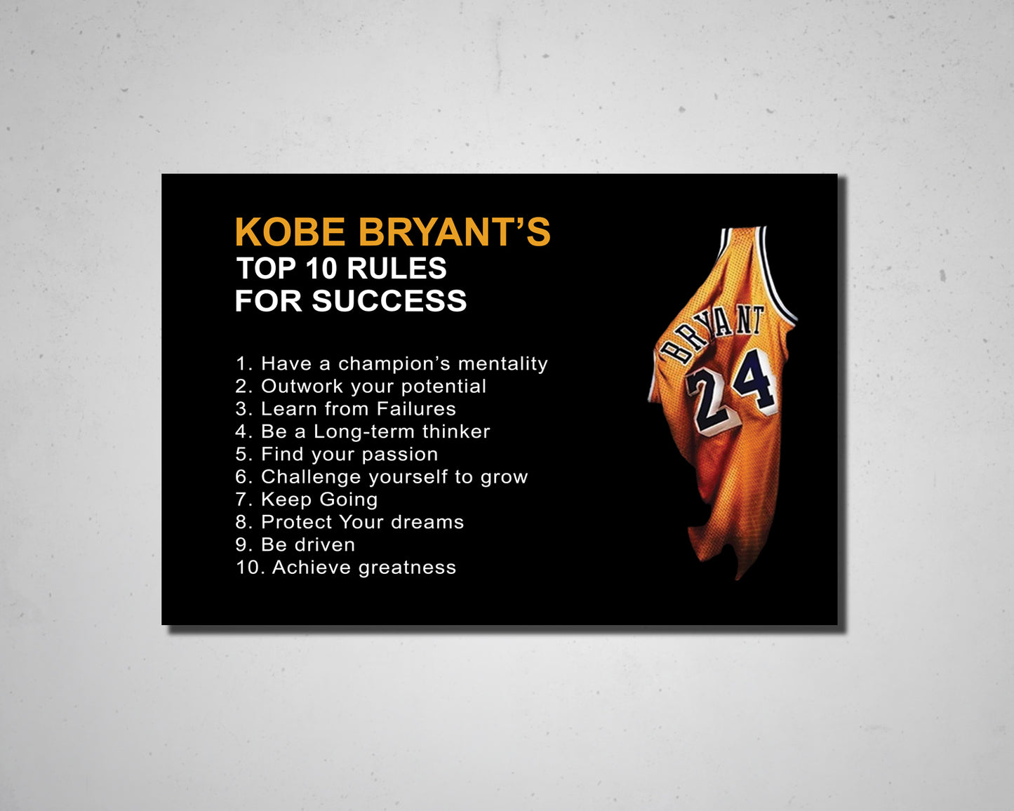 Lienzo con citas motivadoras de mentalidad de Mamba con las 10 reglas de Kobe Bryant, arte de pared, lienzo de baloncesto, marco para decoración del hogar, listo para colgar