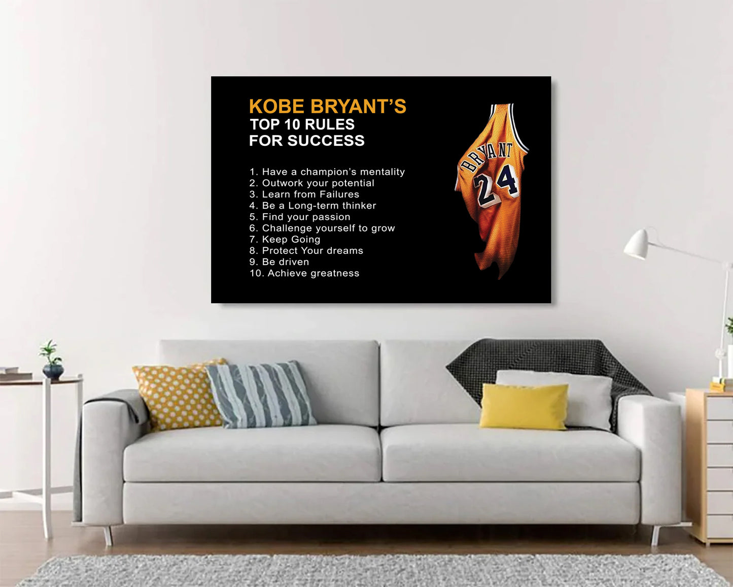 Lienzo con citas motivadoras de mentalidad de Mamba con las 10 reglas de Kobe Bryant, arte de pared, lienzo de baloncesto, marco para decoración del hogar, listo para colgar