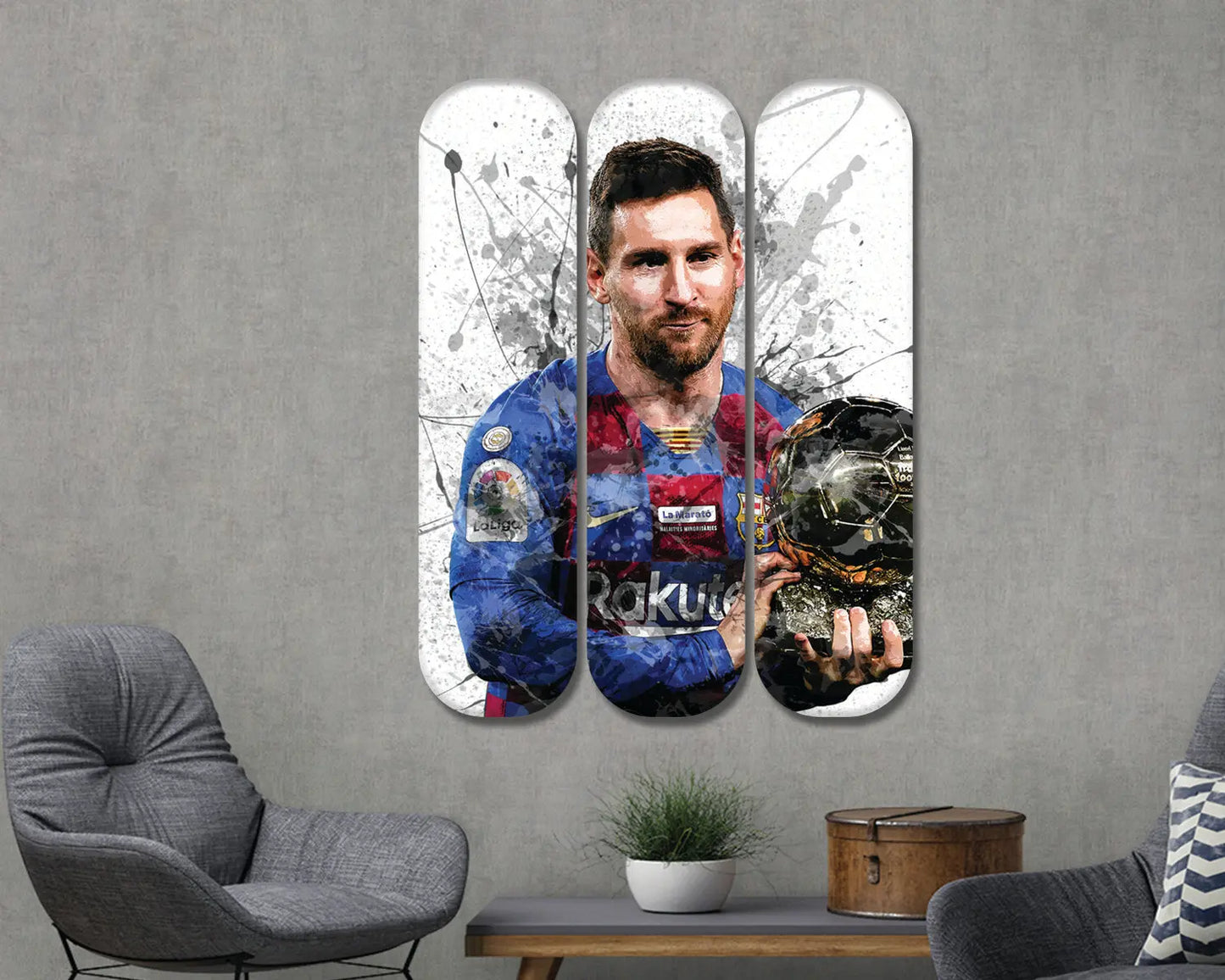 Arte mural en acrílico con la imagen de un monopatín de Lionel Messi