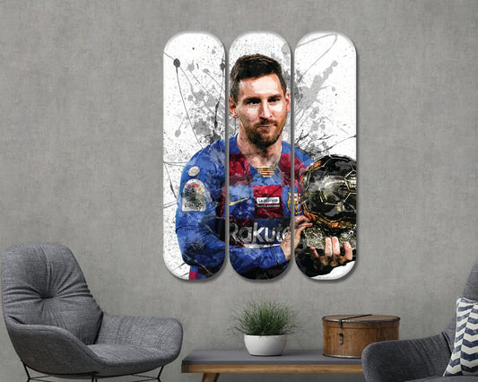 Arte mural en acrílico con la imagen de un monopatín de Lionel Messi