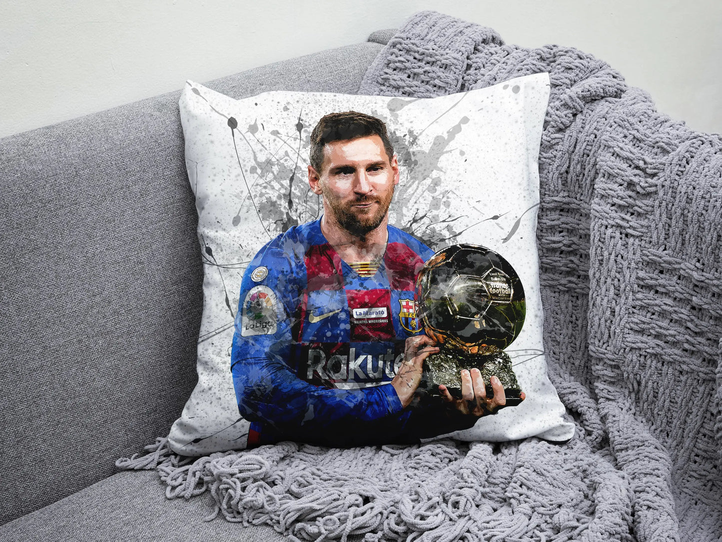 Almohada con efecto salpicadura de Lionel Messi