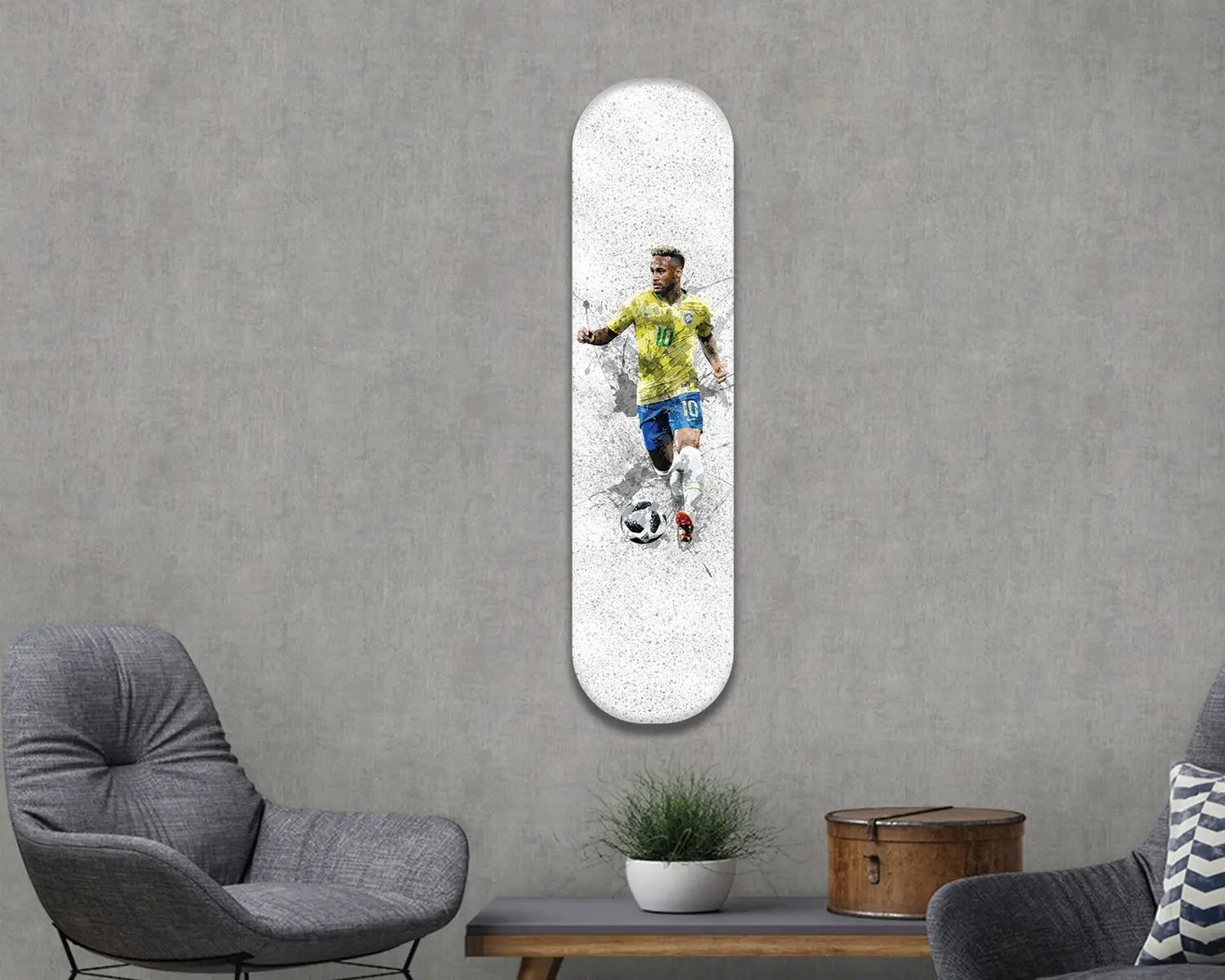 Arte mural acrílico con la imagen de Neymar en patineta brasileña