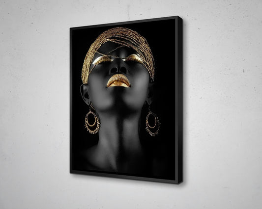 African Woman Black & Gold Glitter Canvas Painting Black Woman Painting African Woman Canvas Art