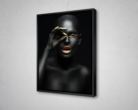 African Woman Black & Gold Glitter Canvas Painting Black Woman Painting African Woman Canvas Art