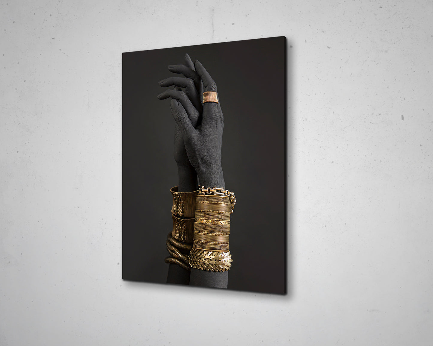 African Black woman's hands with gold jewelry, Oriental Bracelets on a black painted hand, Canvas Art