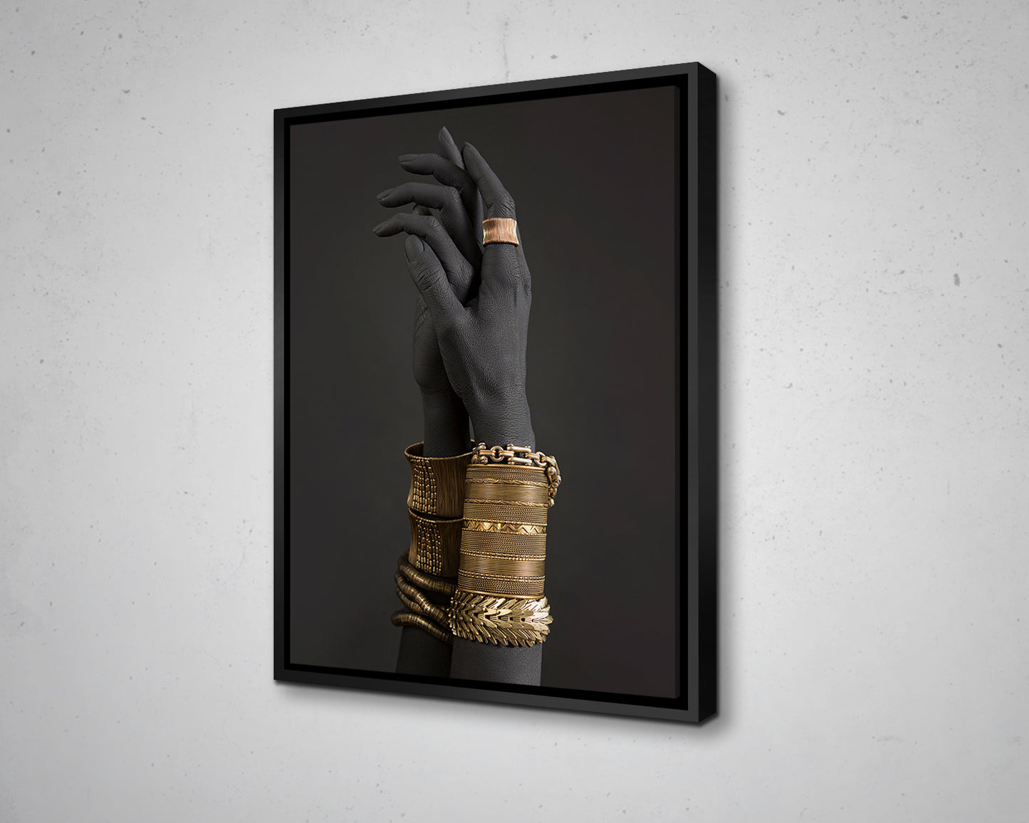 African Black woman's hands with gold jewelry, Oriental Bracelets on a black painted hand, Canvas Art