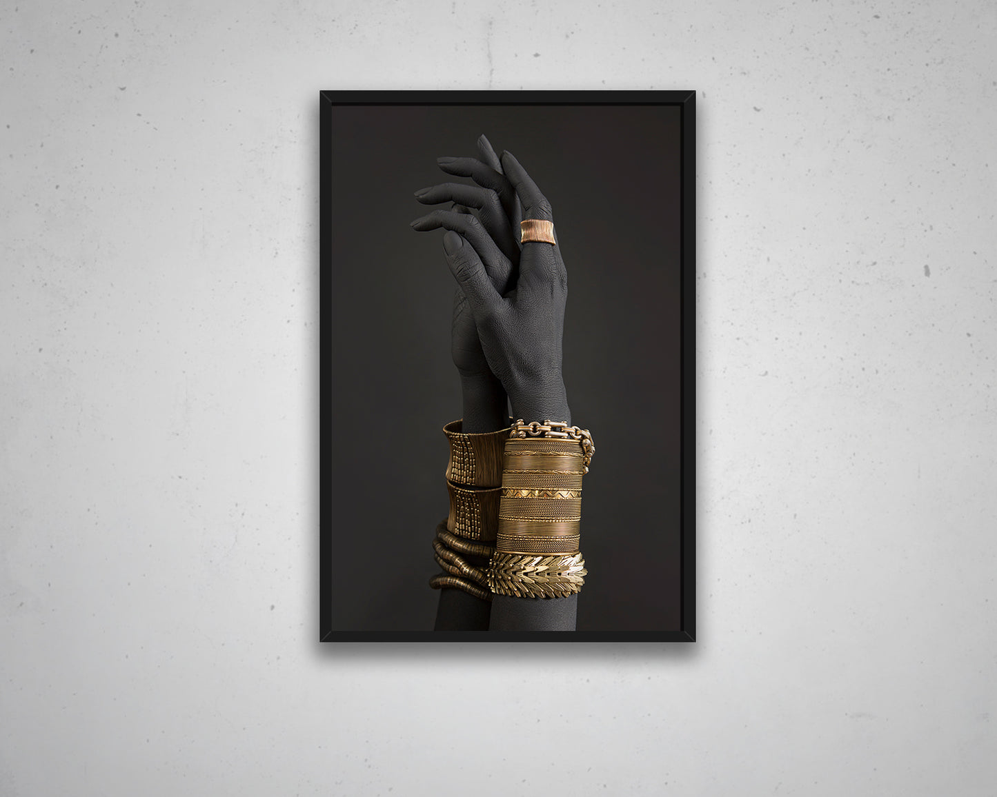 African Black woman's hands with gold jewelry, Oriental Bracelets on a black painted hand, Canvas Art