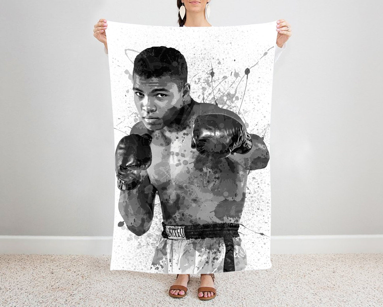Muhammad Ali Splash Effect Fleece Blanket B/W Design 